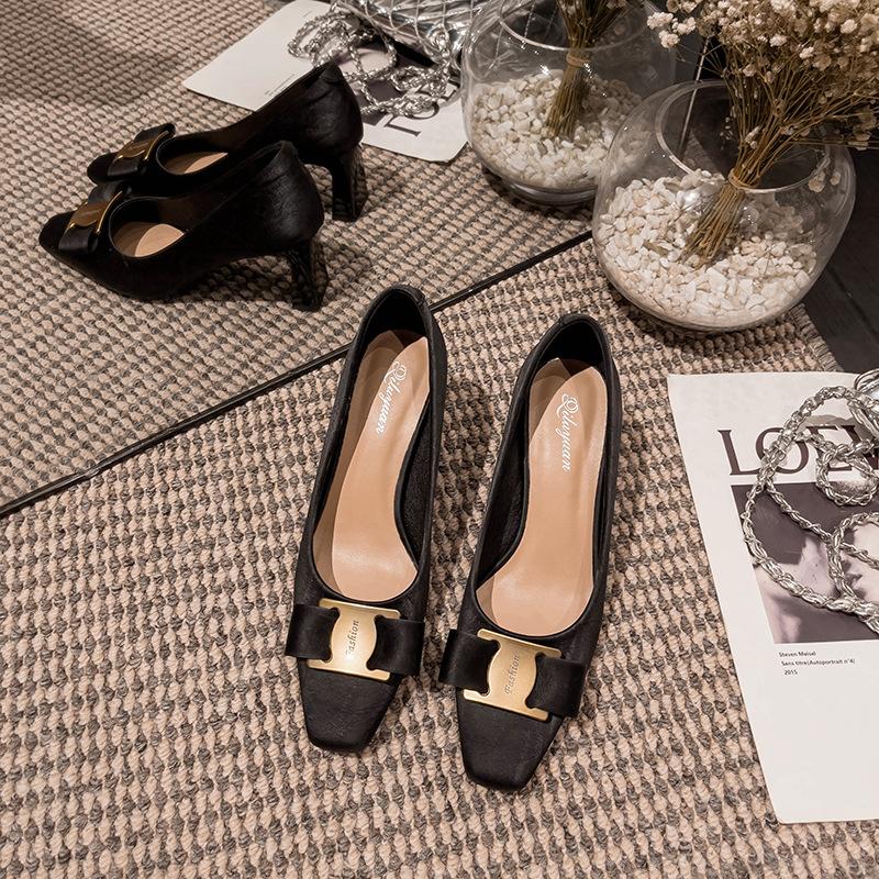 Coarse Heel High Heels High Sense 2025 New Huizhou Women's Shoes Spring and Autumn Soft Leather Women's Shoes French Square Head Single Shoes