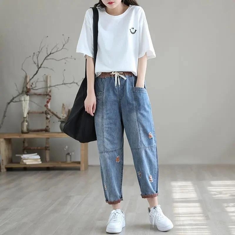 Nine Point Ripped Jeans Women Summer Loose Thin Elastic Waist Casual Harem Pants Denim Ankle Length Pant