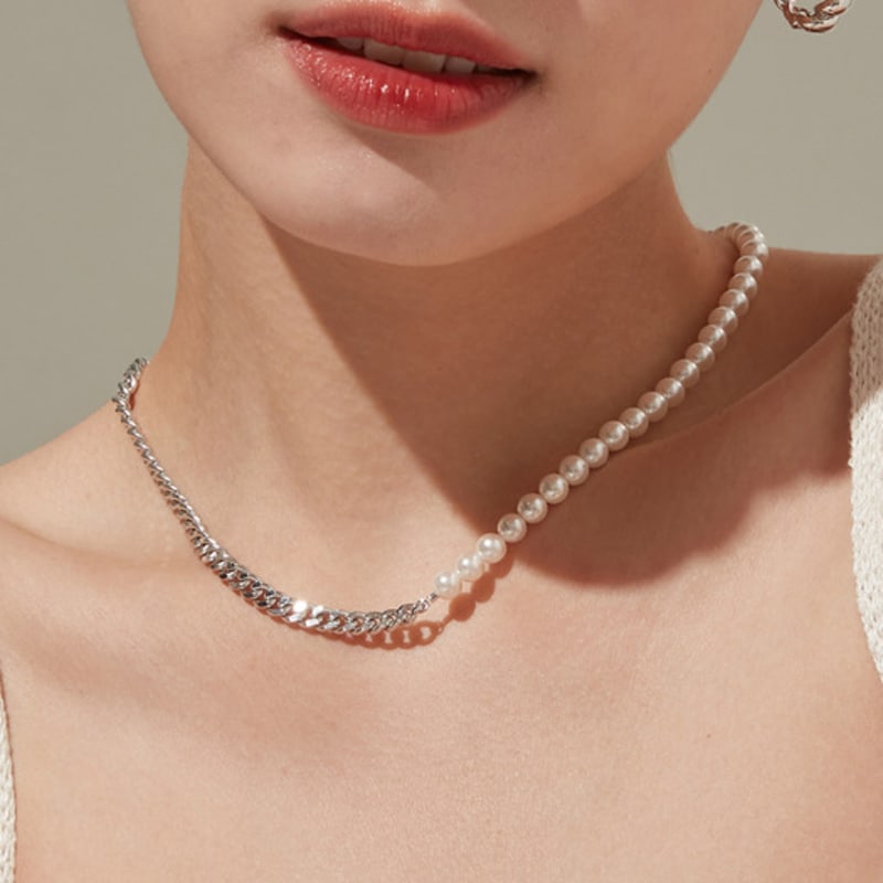 Tirr Lirr Tizen Maximize Shell Pearl 6mm Half Chain Silver-White Necklace TNSSVW14040M