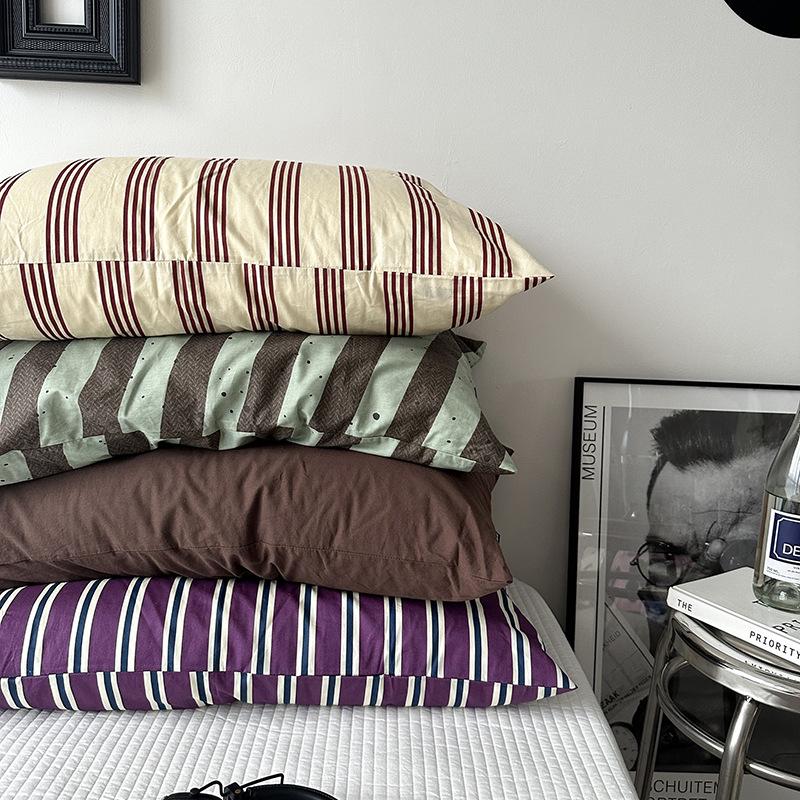 Solid Color Striped Pure Cotton Pillowcase (Single Piece)