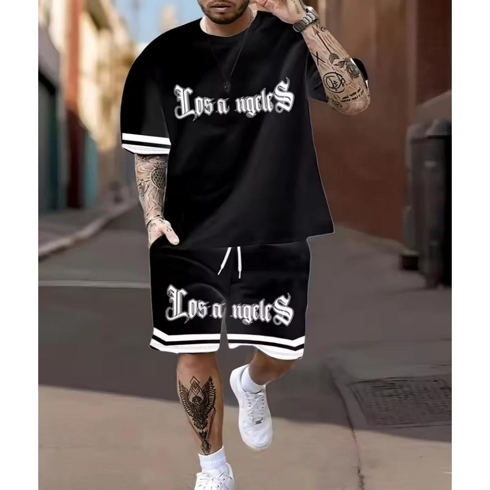 Summer New Men's Pullover Round Neck T-shirt Sports Suit Letter Printed Soft Men's Short Sleeved Shorts Two-piece T-shirt Set