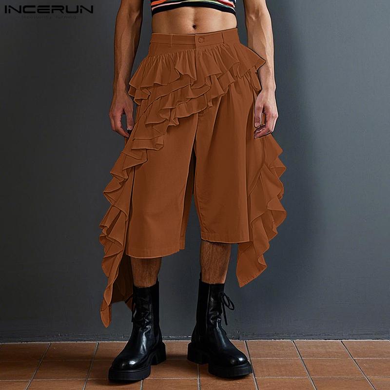 

INCERUN Men Zipper Waist Irregular Ruffled Layers Casual Capri Pants 5XL помаранчевий