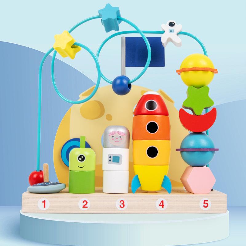 Wooden Space-Themed Bead Rolling Educational Stacking Toy for Children