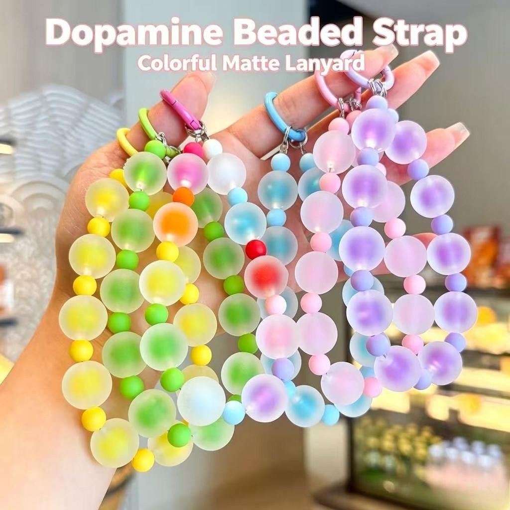Fashion Comparison Candy Color Rainbow Matte Round Bead Girl Phone Rope with Card Earphone Set Keychain Bag Pendant Decorative Accessories