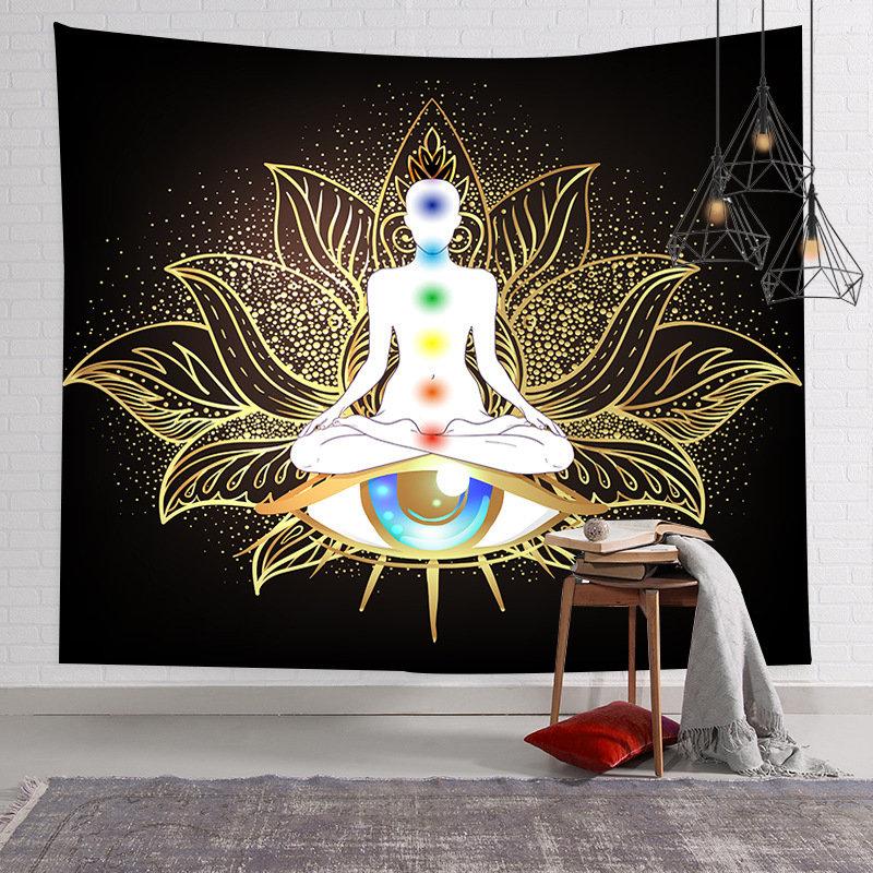 Golden Buddha Statue Tapestry Wall Hanging Black Gold Mandala Boho Spiritual Aesthetic Wall Art Bedroom Living Room Decor