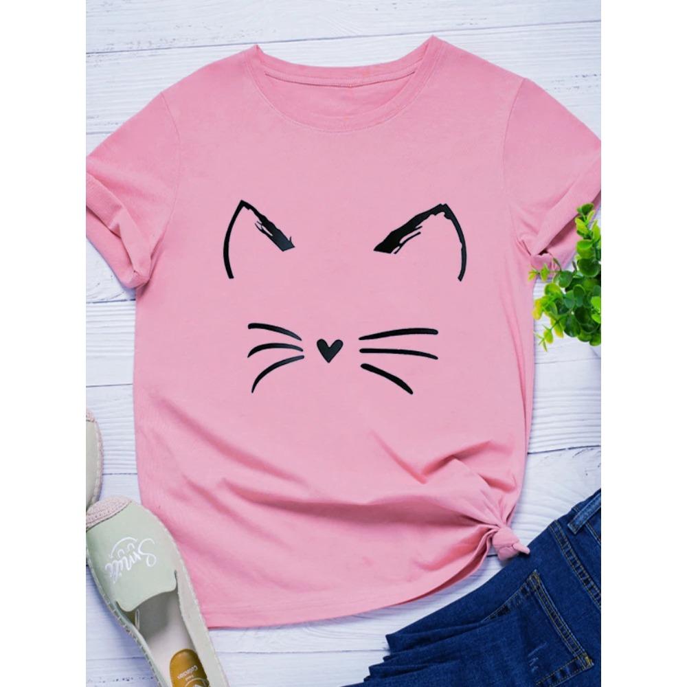Tecknad kattansikte mönstertryck dam T-shirt kortärmad O-hals lös avslappnad mode lämplig för dagliga toppar