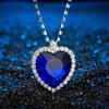 Women Big Blue Gem Heart Shape Rhinestone Halo Pendant Necklace