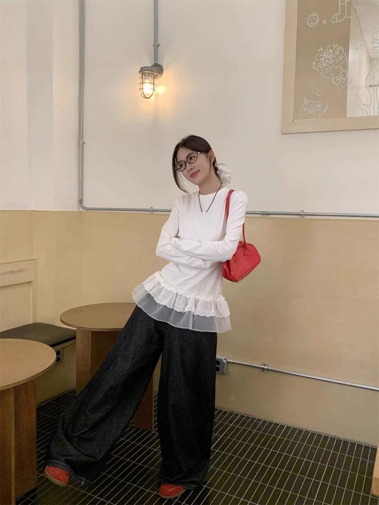 270g German Velvet Korean Lace Patchwork Round Neck Long Sleeve T-shirt - Slimming & Flattering Autumn/Winter Top