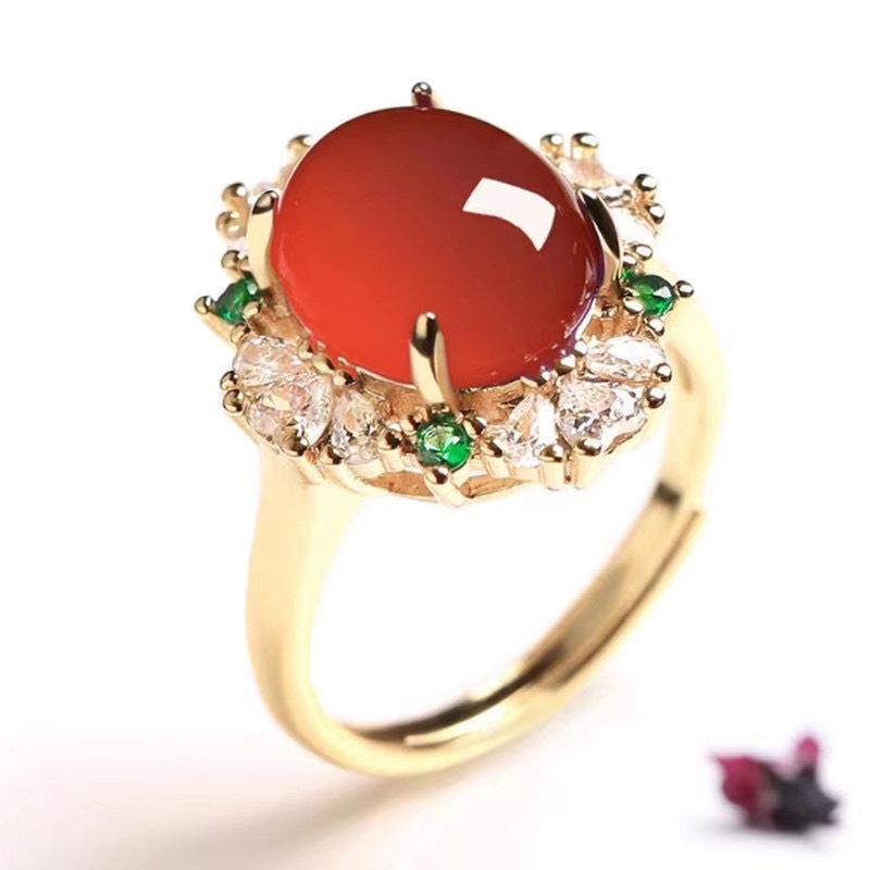 Bague Ajustable Calcédoine & Agate de Glace Forme Libre pour Femmes avec Incrustations en Forme d'Œuf et Placage Argent 925