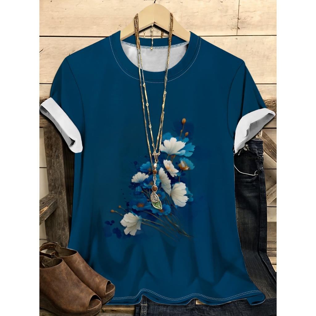 Letní dámské tričko s kulatým výstřihem, 3D potiskem květinového vzoru, módní, ležérní, barevné, s krátkým rukávem