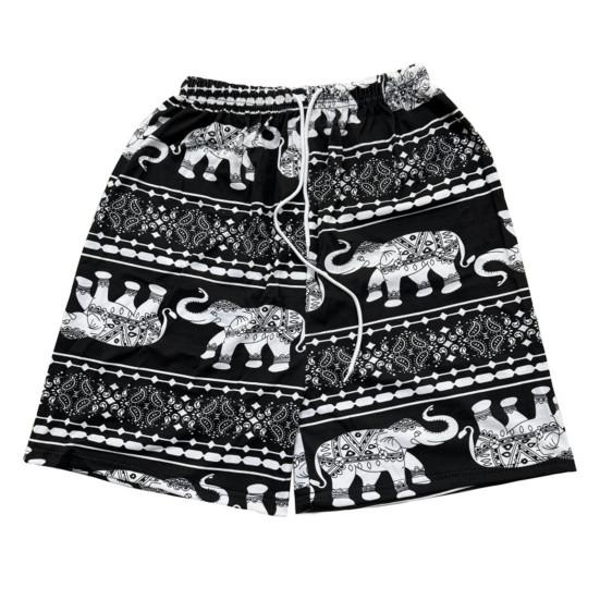 Women Casual Beach Shorts Drawstring Elastic Waist Shorts with Pockets Thai-Inspired Elephant Print Wide Leg Summer Shorts