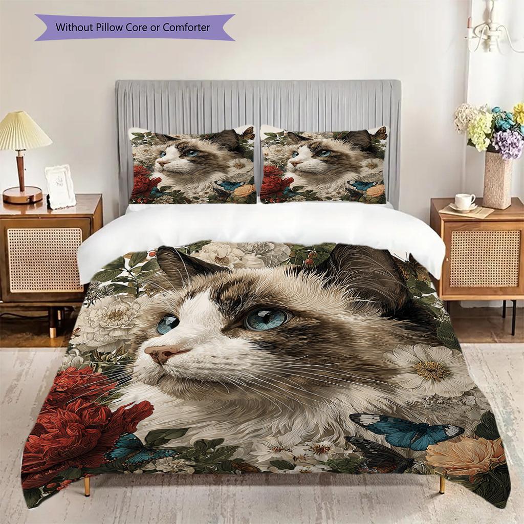 Maine Coon Pattern Bedding Quilt Set Quilt Cover Pillowcase Home Decoration Birthday Gift (1 * Duvet Cover + 2 * Pillowcase, Without Core)