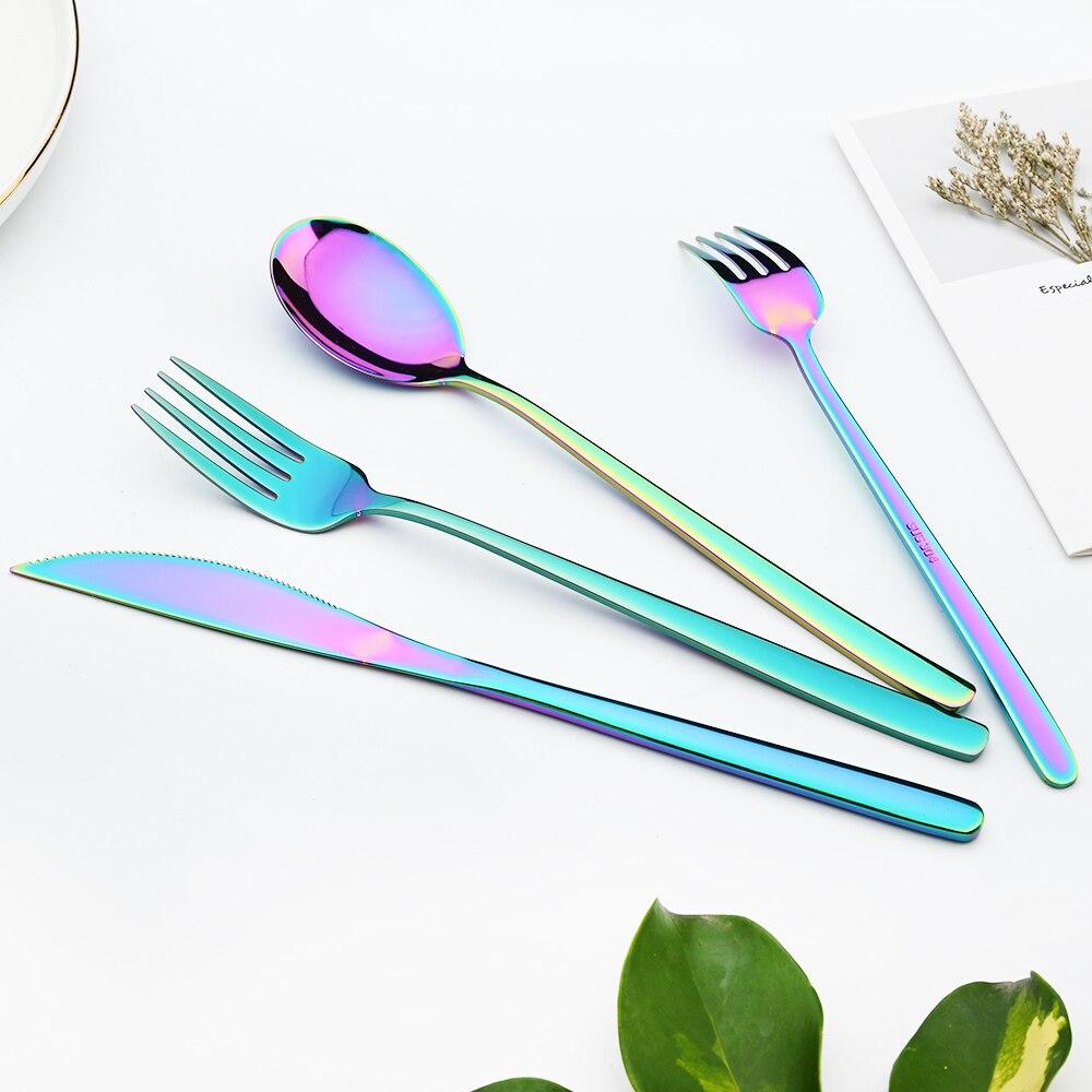 7pcs 18/10 Dinnerware Set Mirror Colorful Stainless Steel Tableware Set Knife Fork Dessert Spoon Flatware Food Safe Cutlery Set