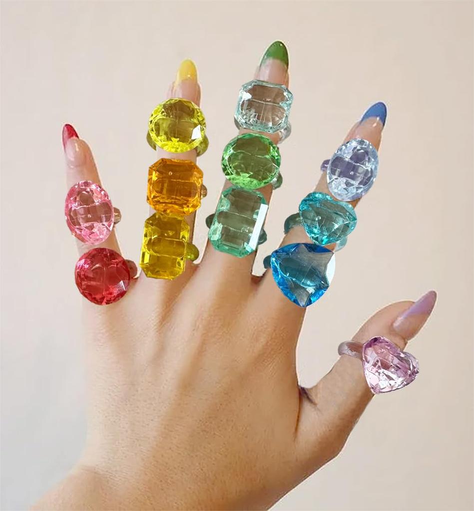 SPRMUD Plastic Acrylic Rings, Multiple Shapes, Assorted Colors, Diamond Rings, Party Favors for Girls, Birthday Gifts, Prizes, Carnival Toys, Goodie