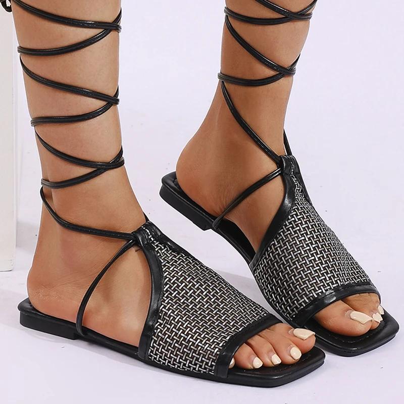 Fashion Women's Roman Cross Tie Open Toe Sandals Summer Beach Flat Gladiator Sandals Women Elegant Dress Lace Up Low Heel Sandal Female