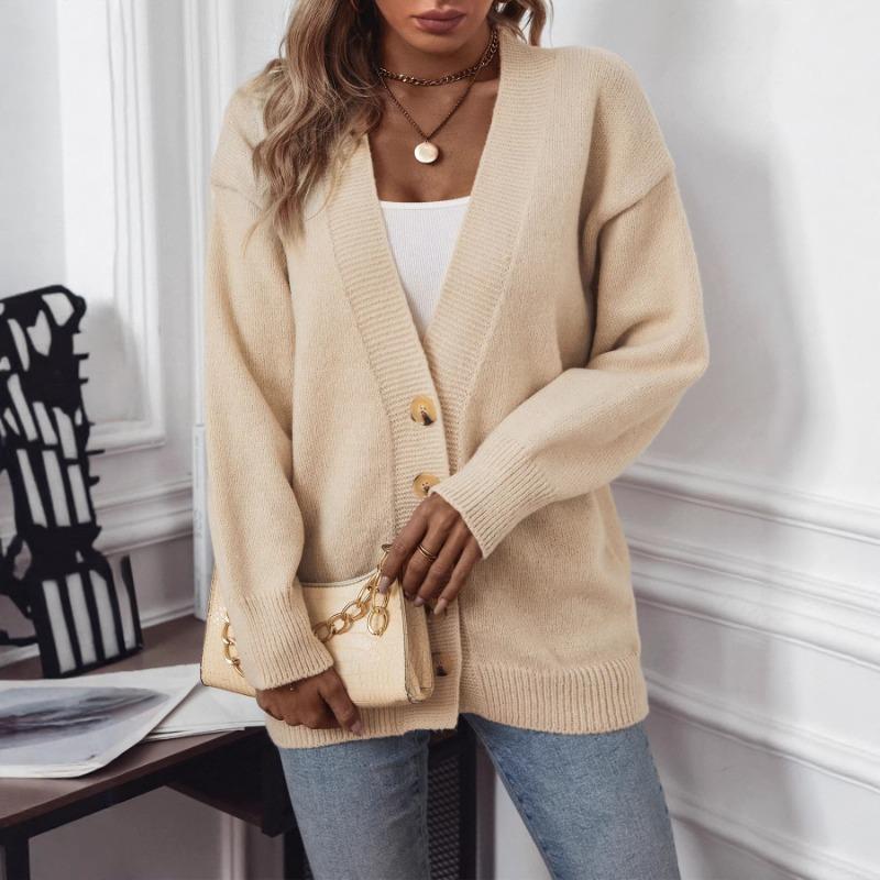 Women European Style Solid Color Single Breasted Thick V Neck Long Sleeve Knit Cardigan Sweater Coat