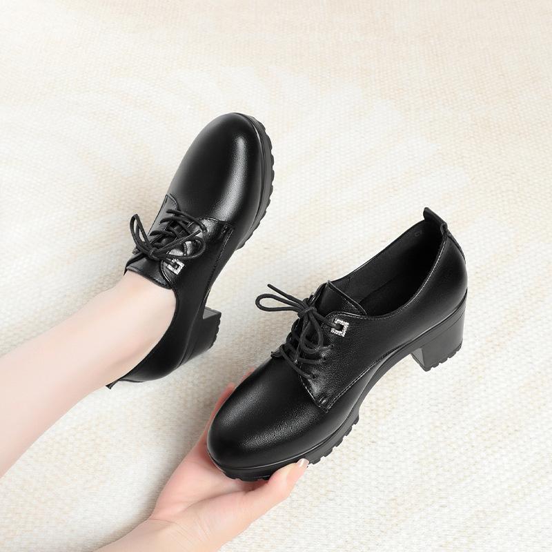 fashion Spring Autumn Lace-up Thick Sole Women Pumps Shoes High Heels Comfortable Breathable Square Heel Solid Soft Leather Shoes