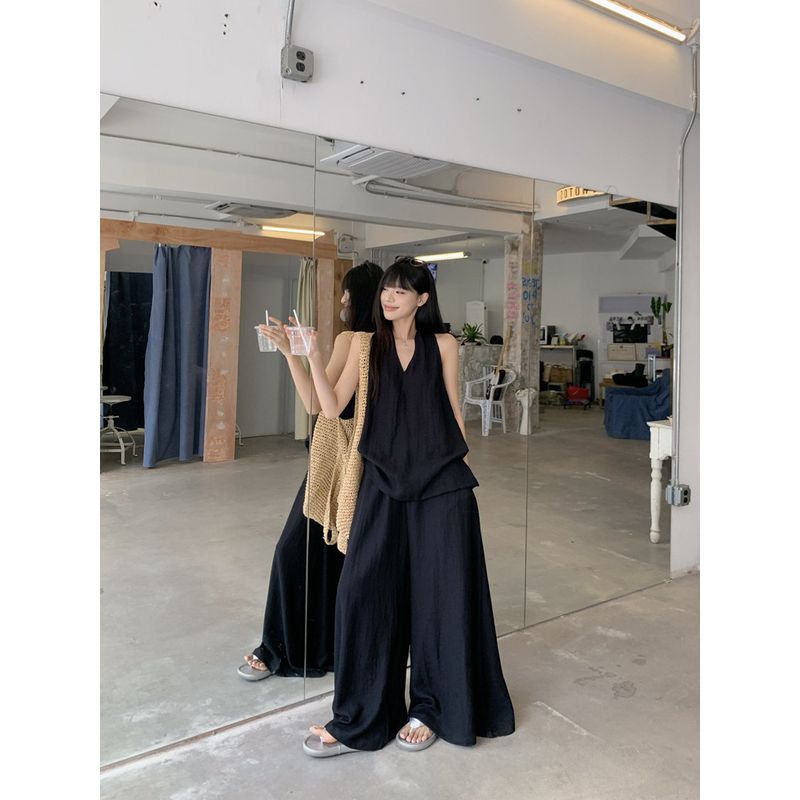 Relaxed Feeling Lazy Set Black Hanging Neck Sleeveless Vest Women Summer Loose Drape Wide Leg Pants Trousers Two-piece Set