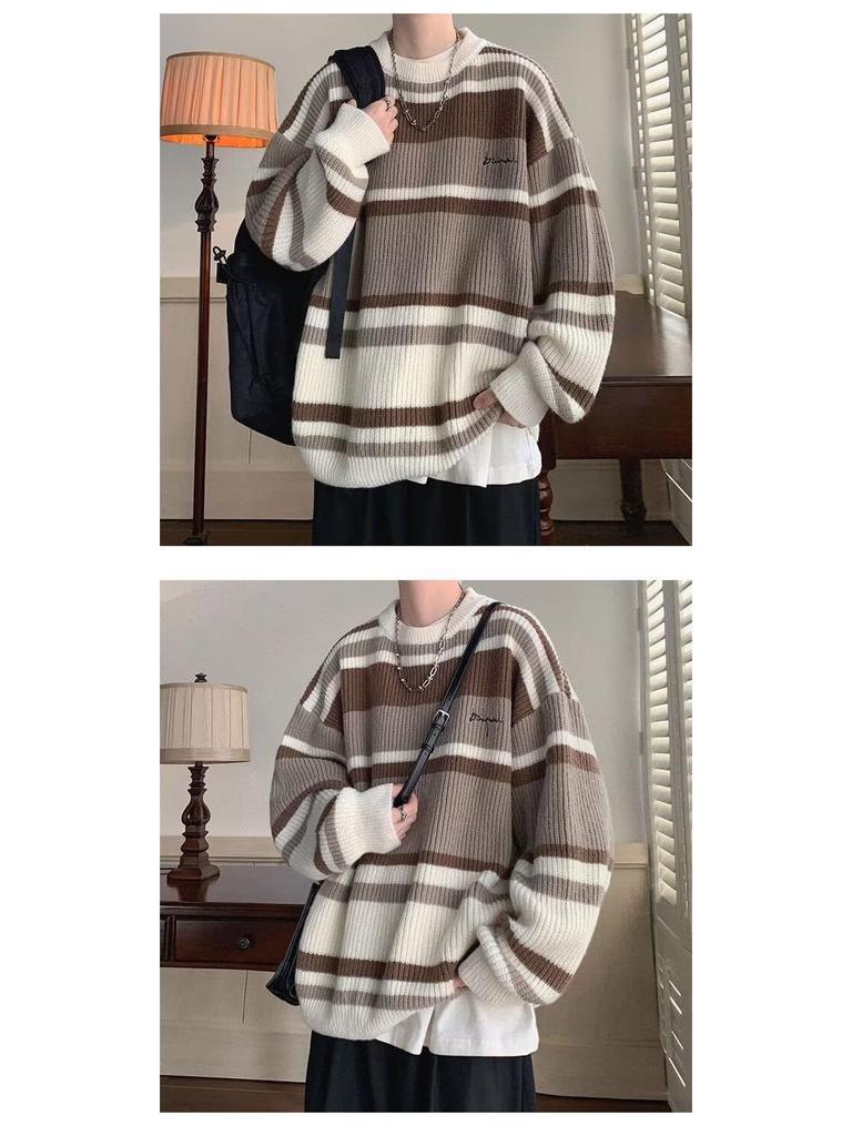 Men's Retro Striped Color-Block Knit Sweater - Casual & Loose Fit for Autumn/Winter