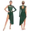 S-XXL Women Lyrical Dancewear: Asymmetrical Side Split Dress with Mock Neck, Cutout, Sheer Mesh, Patchwork & Shiny Rhinestones