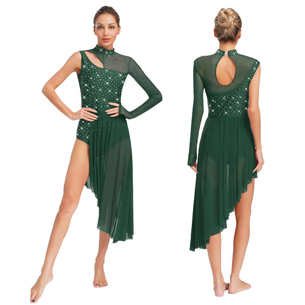 S-XXL Women Lyrical Dancewear: Asymmetrical Side Split Dress with Mock Neck, Cutout, Sheer Mesh, Patchwork & Shiny Rhinestones