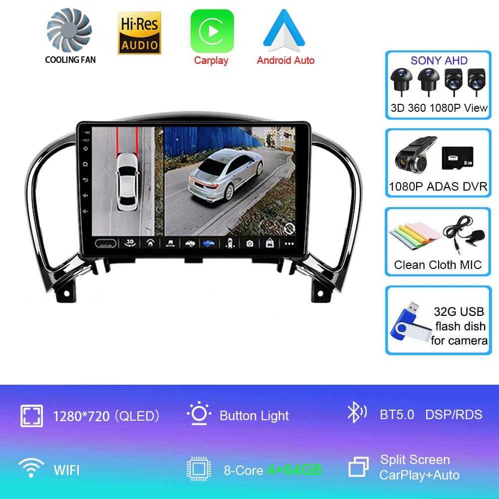 Car Radio Android 14 Carplay Auto For Nissan Juke YF15 2010 2011 2012 2013 2014 Multimedia Player WIFi+4G DSP 2 DIN Touch Screen