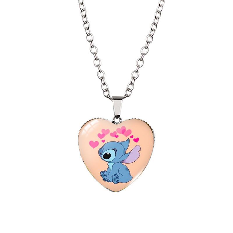 Adorable Stitch Cartoon Heart Necklace For Kids With Stunning Glass Pendant And Alloy Chain