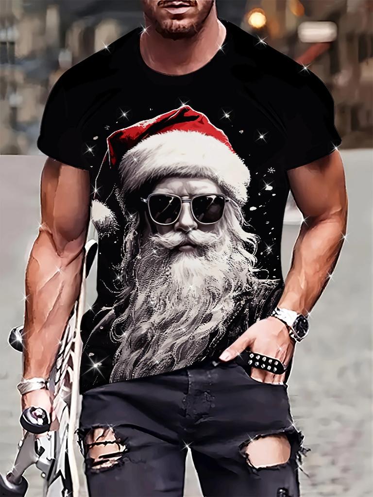 Men's Christmas T-Shirt 3D Print Santa Claus Reindeer Short Sleeve Casual Tee Top
