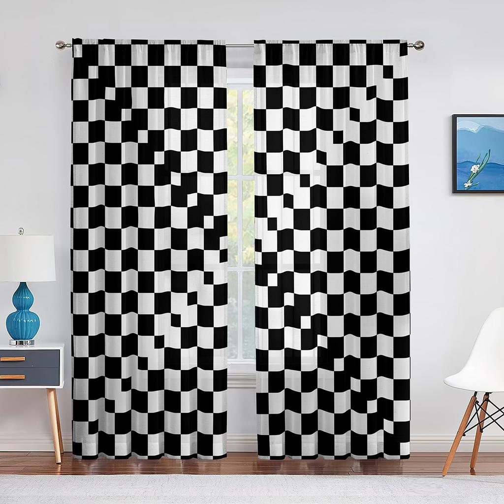 Black and White Groovy Checkerboard Sheer Voile Curtain Abstract Psychedelic Window Tulle Curtains for Living Room Bedroom Decor