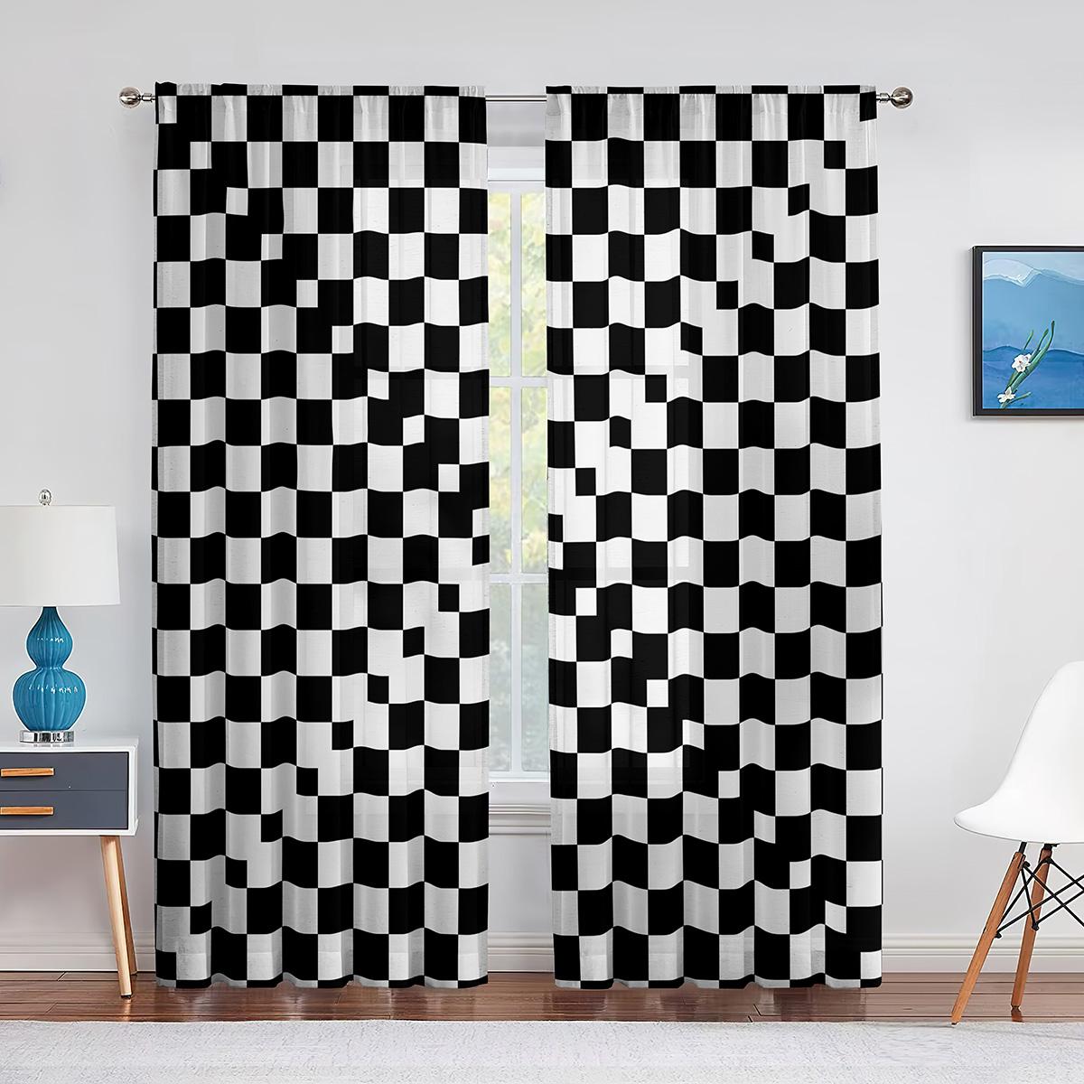 Черно-белая классная шахматная прозрачная вуаль-занавеска — фото 5