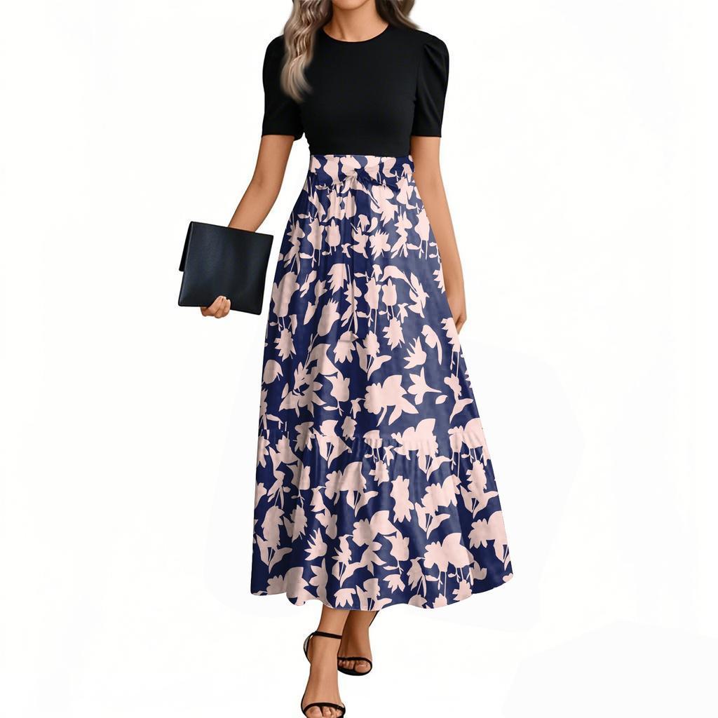 Women's Fashion Casual Belt Short Sleeve Round Neck Retro Printed Splicing Elegant Temperament Dress