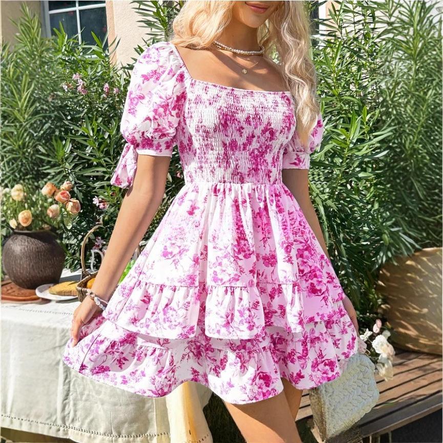 VEZFAA Women's Fashion Summer Spring Colour Block Print Short Sleeve Square Collar High Waist Casual Dresses