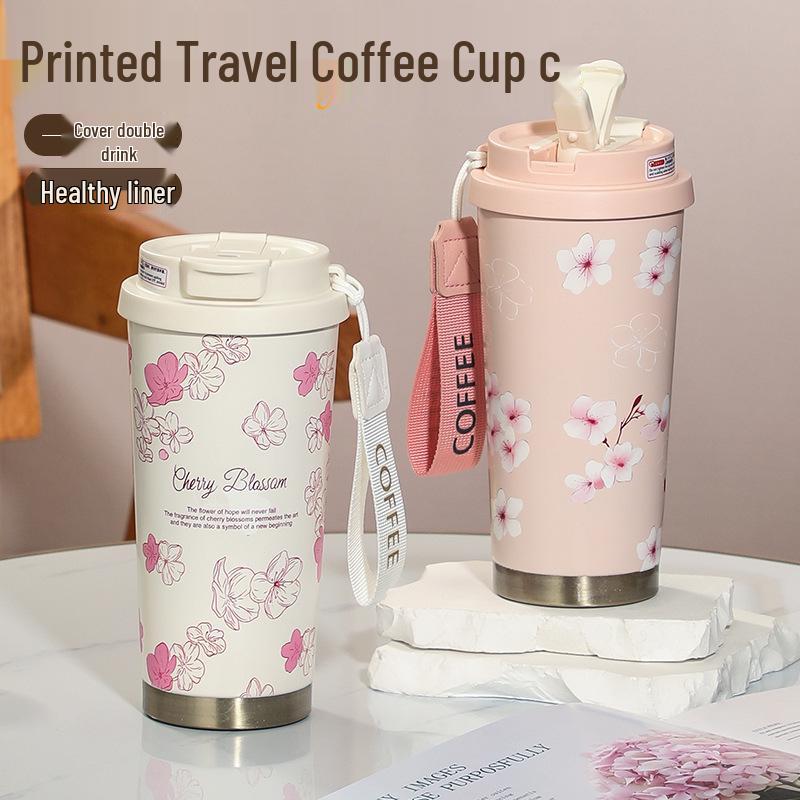 Konvalinka Nerezový Izolovaný Cestovní Hrnek - Dámský Dvojitý Nápojový Hrnek na Kávu a Vodu, Vysoce Hodnotný Tištěný Design