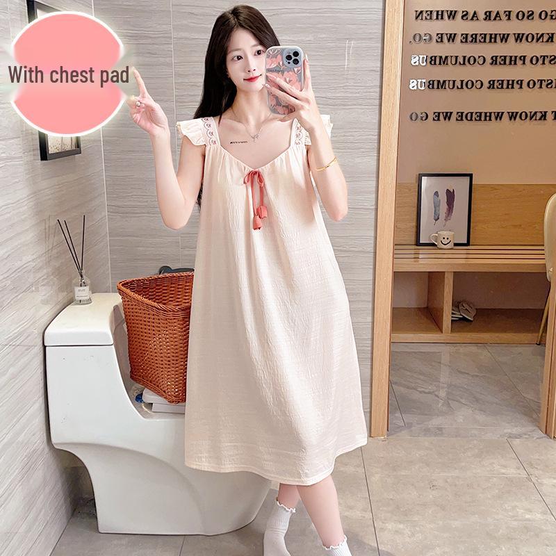 Women's Summer Sweet Princess Cotton Pajamas with Built-in Bra, Plus Size 220 Jin Long Camisole Nightgown