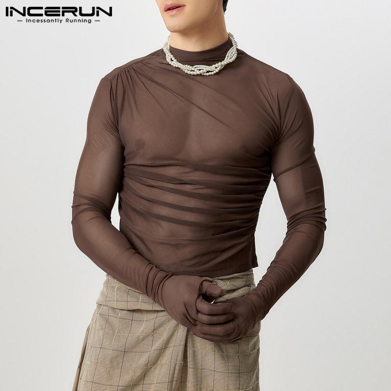 INCERUN Men Long Gloves Sleeve See Through Tops Club Party Mesh Skinny T-Shirts