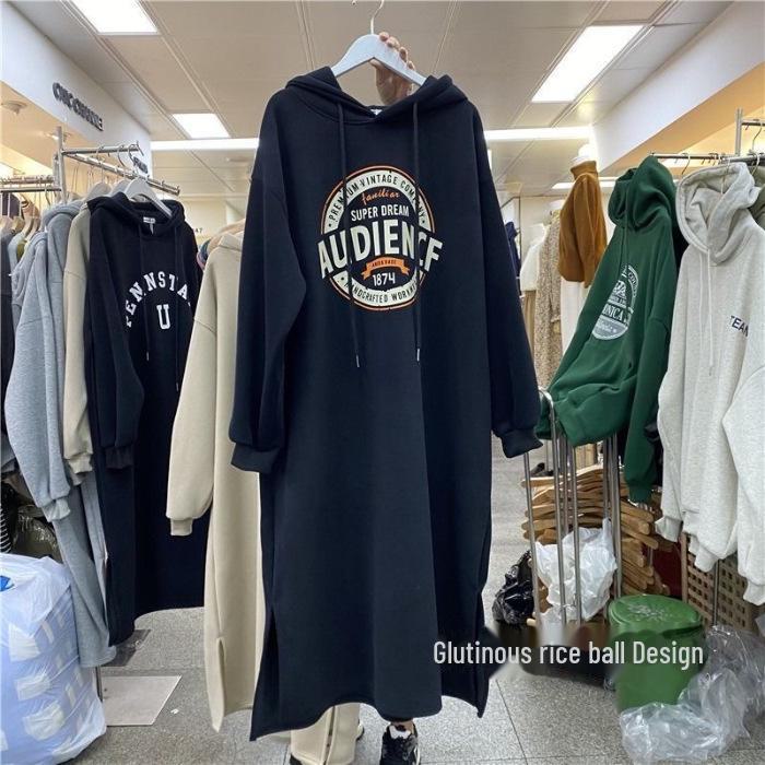 Korean-Style Winter Oversized Velvet Hooded Printed Knee-Length Dress for Women