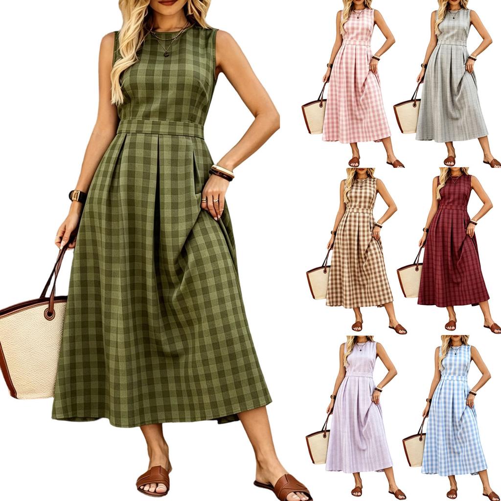 Women's Sleeveless Plaid Dress Round Neck Waist Cinched Midi Length Casual Summer Dress with Pockets and A-Line Silhouette