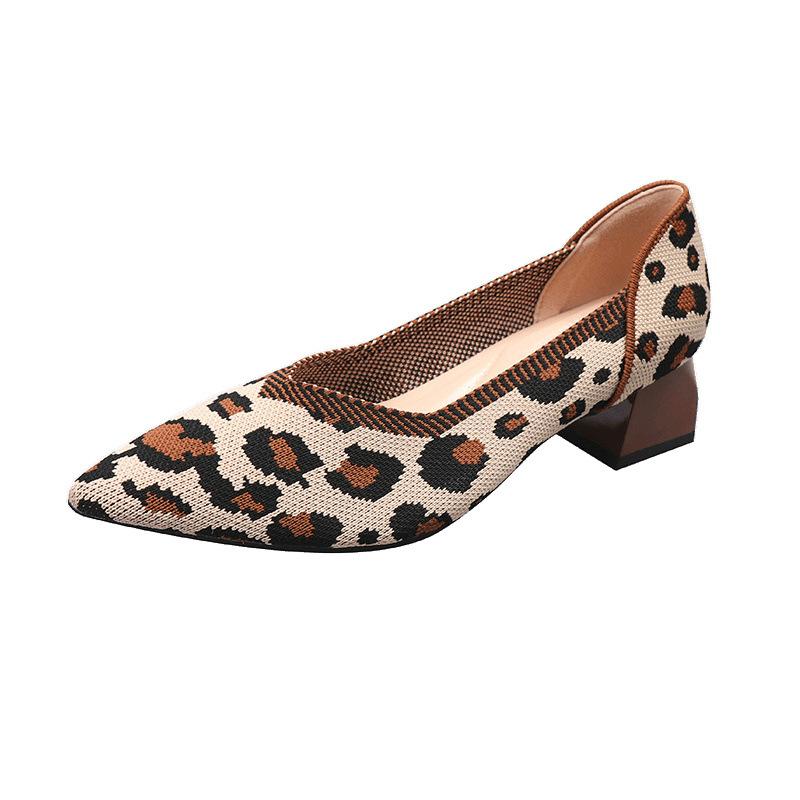 Jarní a podzimní létající pletené jednoduché boty na středním podpatku pletené létající nitě pletené špičaté lodičky originální tlustý podpatek