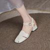 Cow Leather Square Toe Thick Med Heels Autumn Summer Buckle Straps Shoes Hollow Decorations Women Shallow Sandals