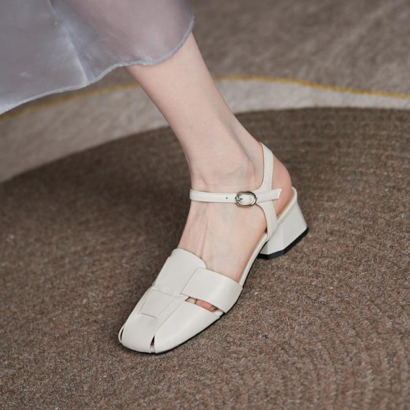 Cow Leather Square Toe Thick Med Heels Autumn Summer Buckle Straps Shoes Hollow Decorations Women Shallow Sandals