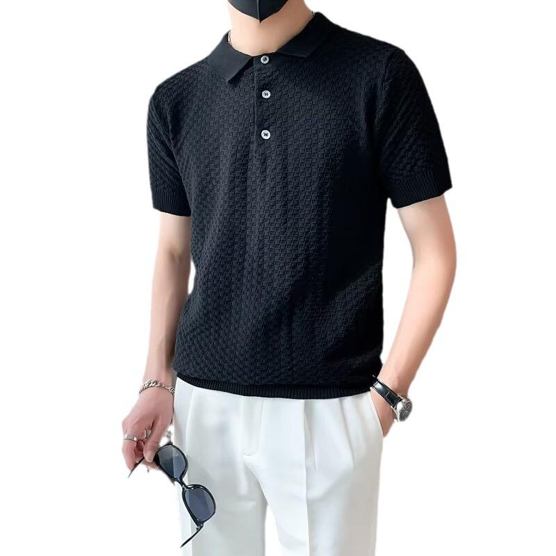 

Men s Summer Polo Knitted Ice Silk Short Sleeve Light Luxury Collar Elastic T-shirt XXXL білий