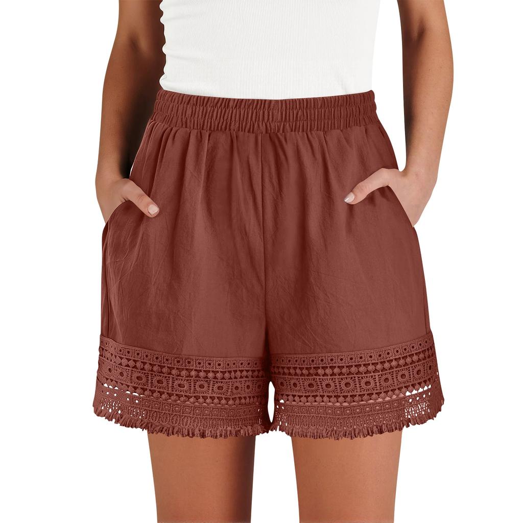 Women’s High Waist Elastic Shorts with Crochet Lace Trim Loose Fit Lightweight Summer Casual Shorts with Pockets