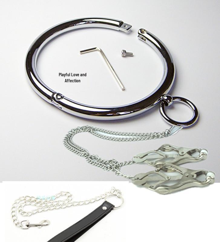 Metal Traction Collar with Nipple Clamps for BDSM Slave Training