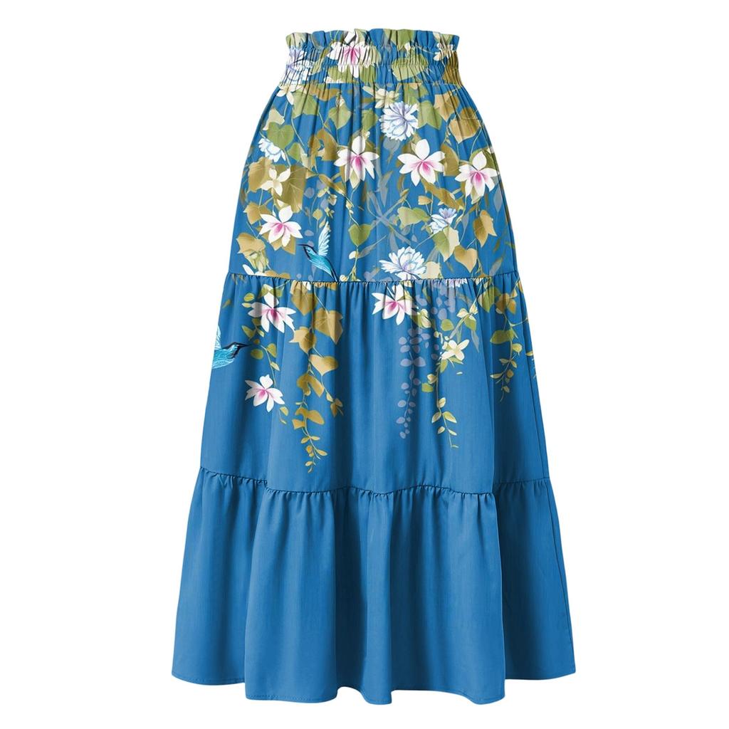 Maxi rok voor dames met trekkoord, hoge taille, lange zomerrok, lichtgewicht, gelaagd, zwierig, met bloemenprint en plooien.
