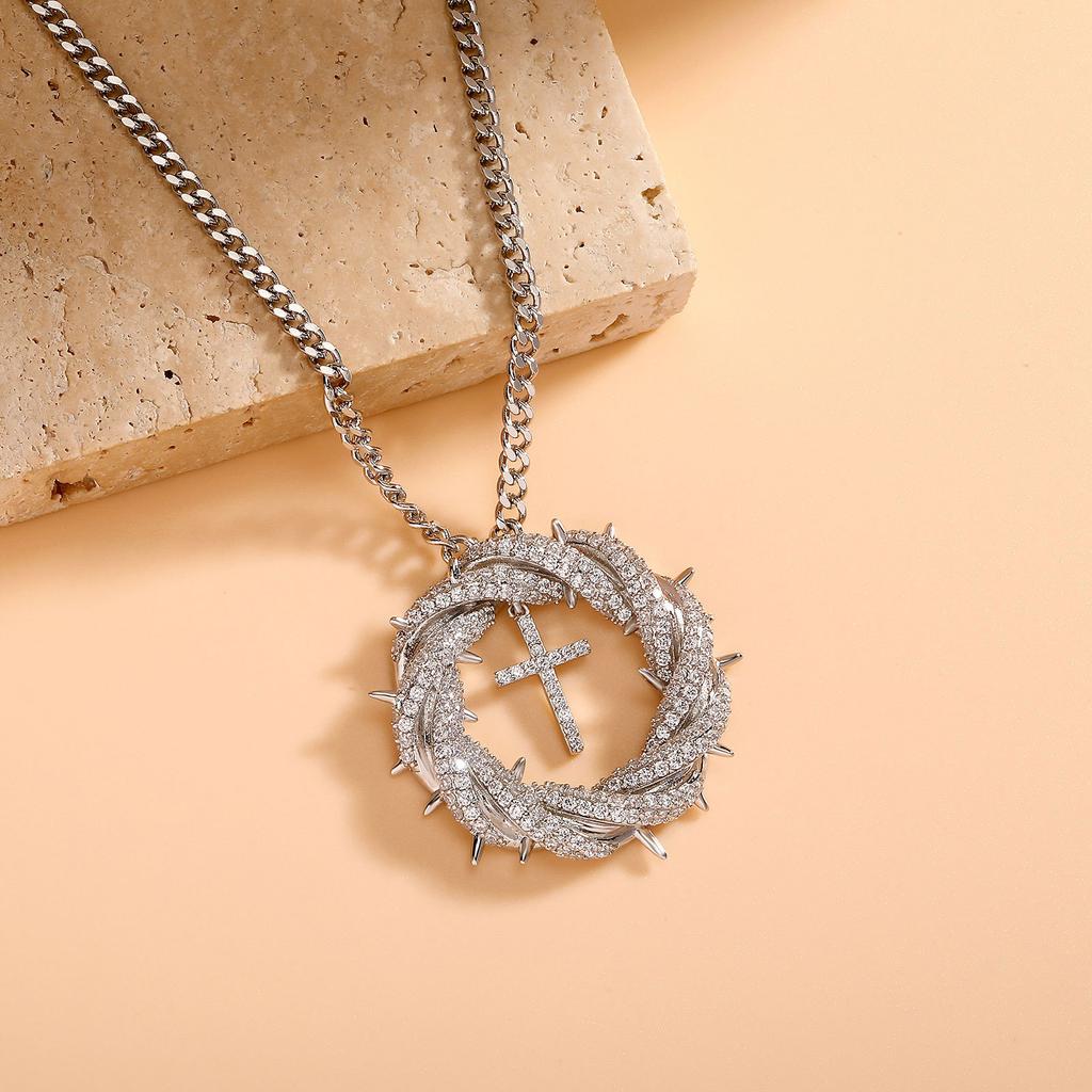 Creative Flower Twist Cross Micro-inlaid Copper Zircon Necklace Trend European and American Personality Hip Hop Pendant