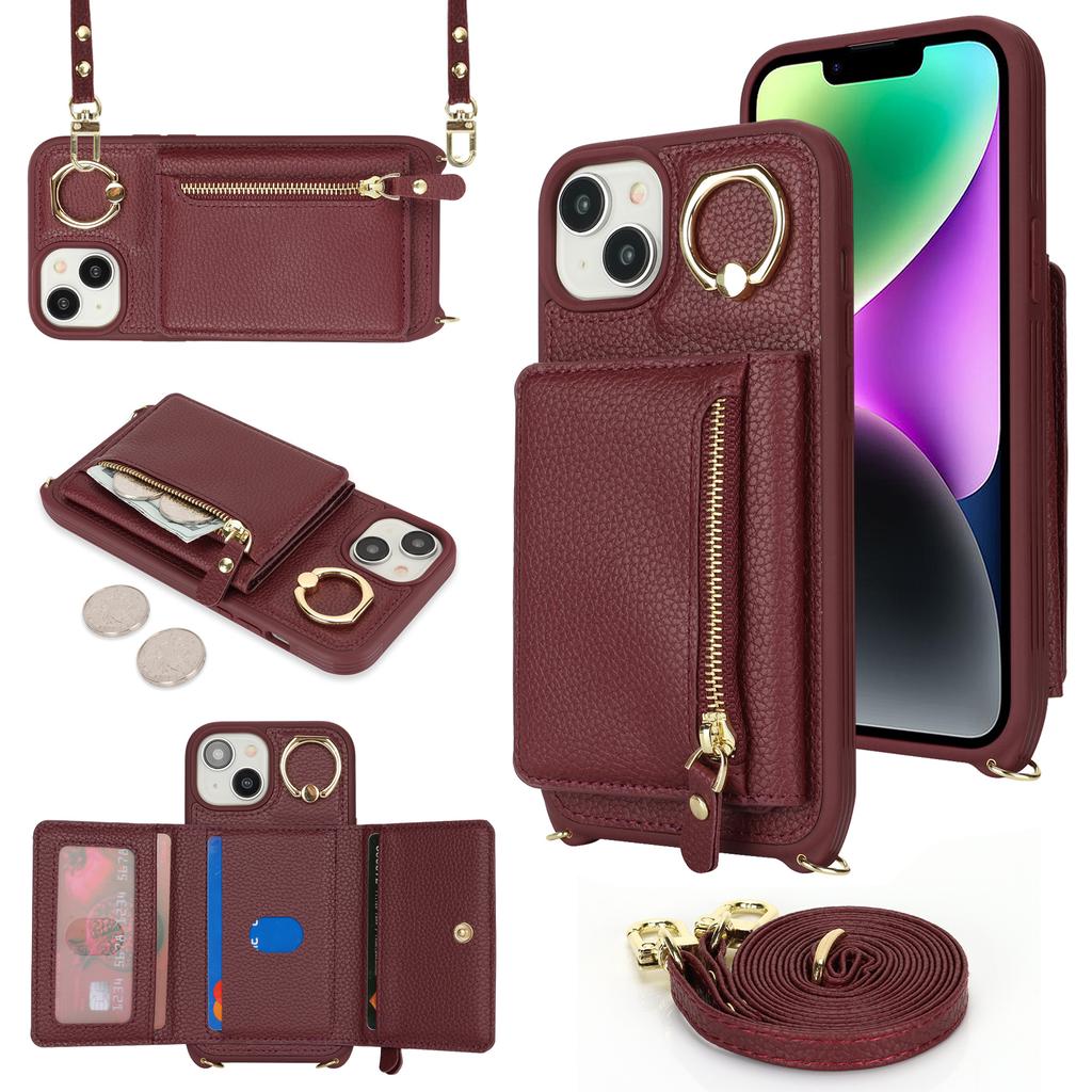 For iPhone 14/13 Case Litchi Texture Card Bag Leather+TPU Crossbody Phone Cover with Ring Kickstand