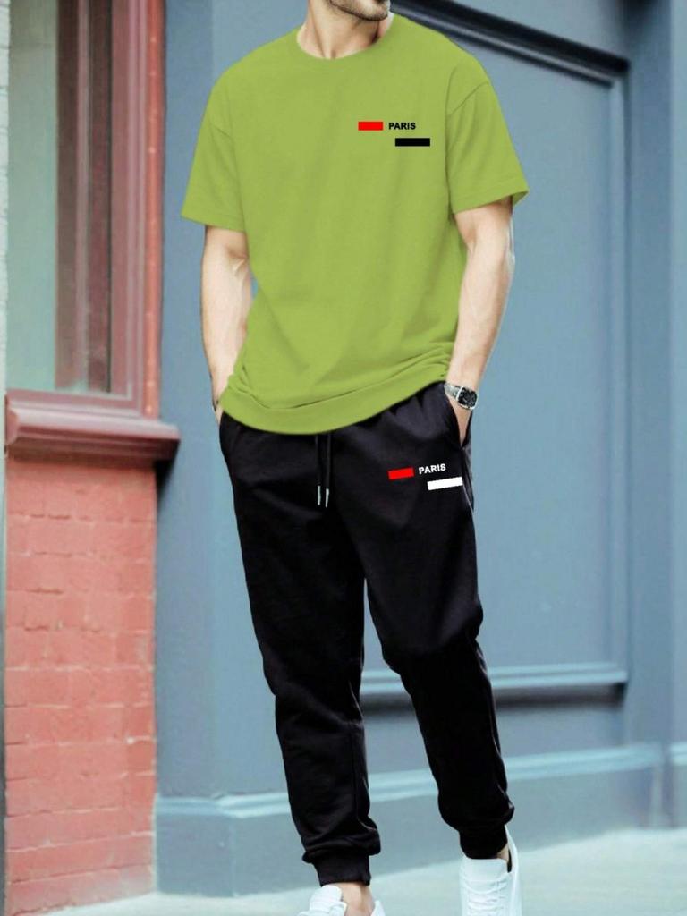 Hot selling summer fashion men's striped letter print micro elastic breathable round neck T-shirt pants set outdoor casual sport