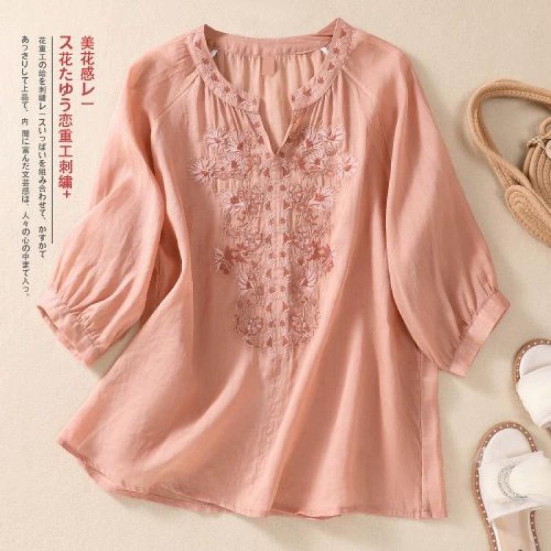 Spring Women‘s Shirt Solid Color Elegant Women's Blouses Floral Embroidered V-neck Blouse for Women Retro Style Loose Fit Shirt