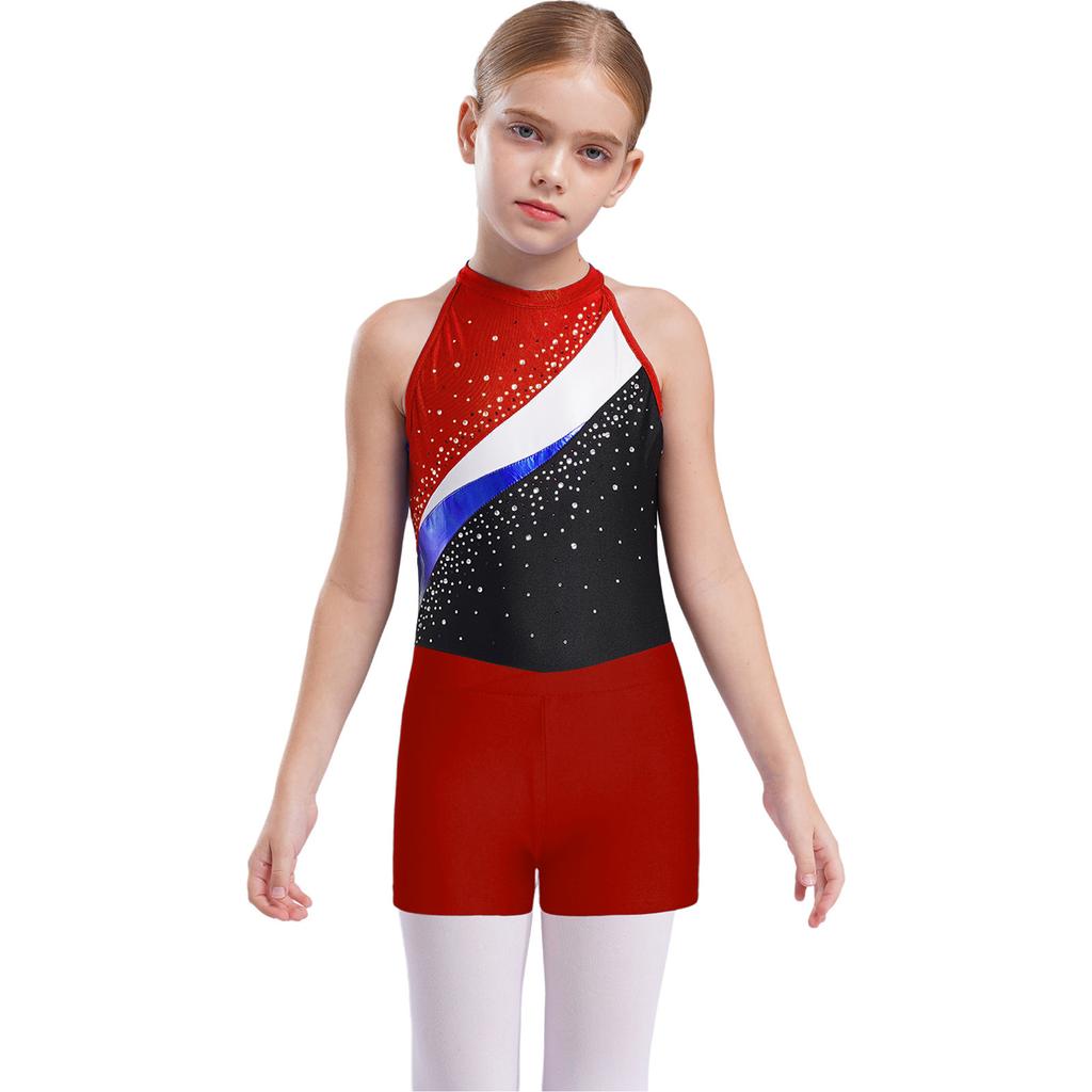 Girls Sleeveless Rhinestones Decorated Patchwork Leotard Hair Band V Front Waistband Shorts Gymnastics Training Dance Set