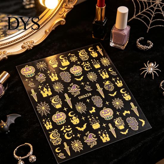 Holiday Nail Stickers Halloween 3D Art Stickers, Metallic Golden Pumpkin Ghost Spider Web DIY Supplies Witch Hat Decals, Self-Adhesive Manicure